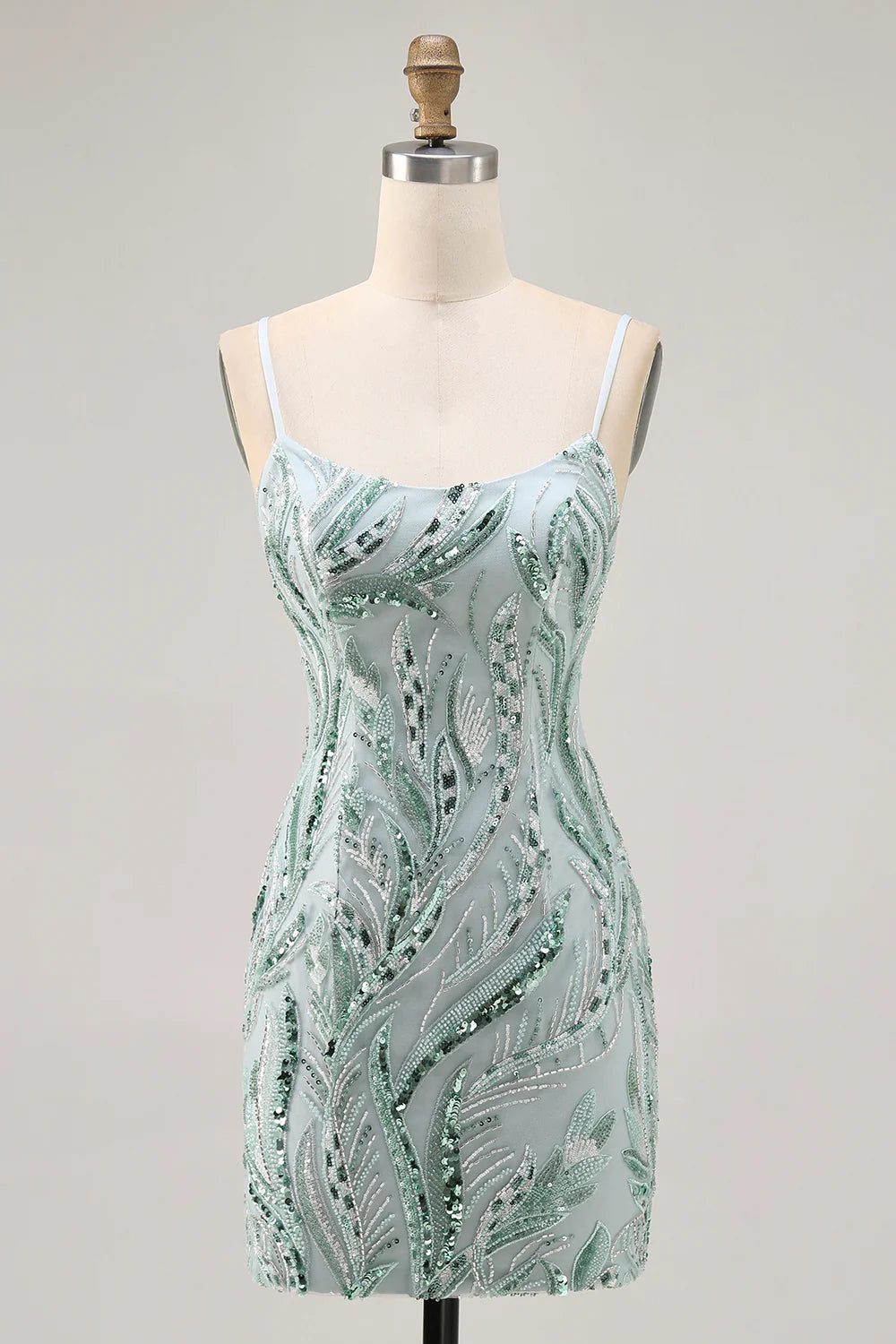 Sparkly green bodycon short homecoming dress with sequins and beading, front view.