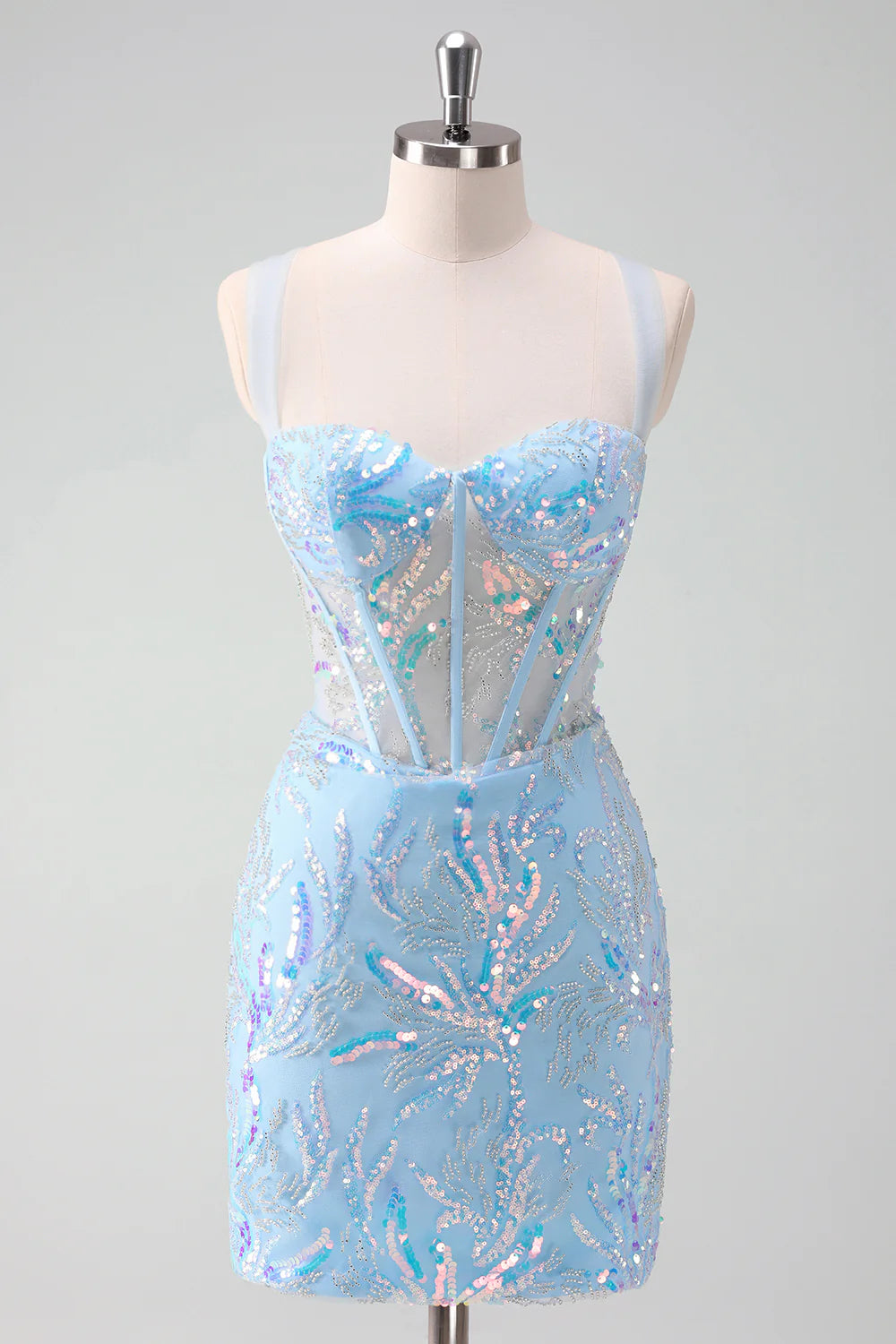 Sparkly light blue sequin homecoming dress with spaghetti straps and lace-up back.