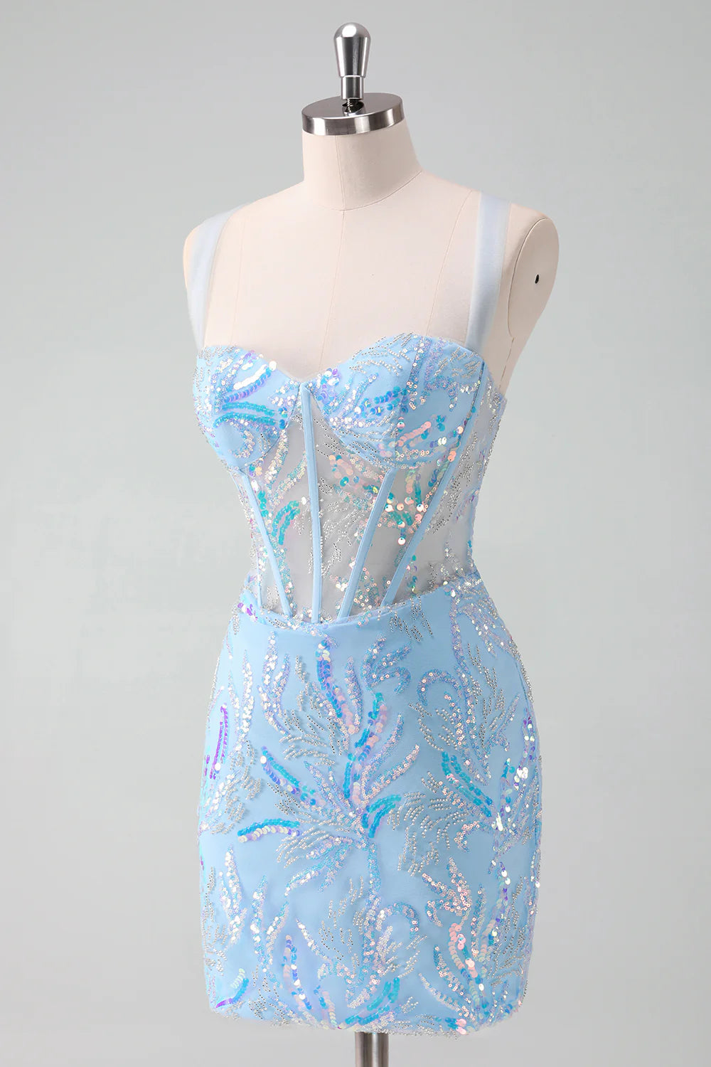 Side view of a light blue sequin homecoming dress with a fitted silhouette.