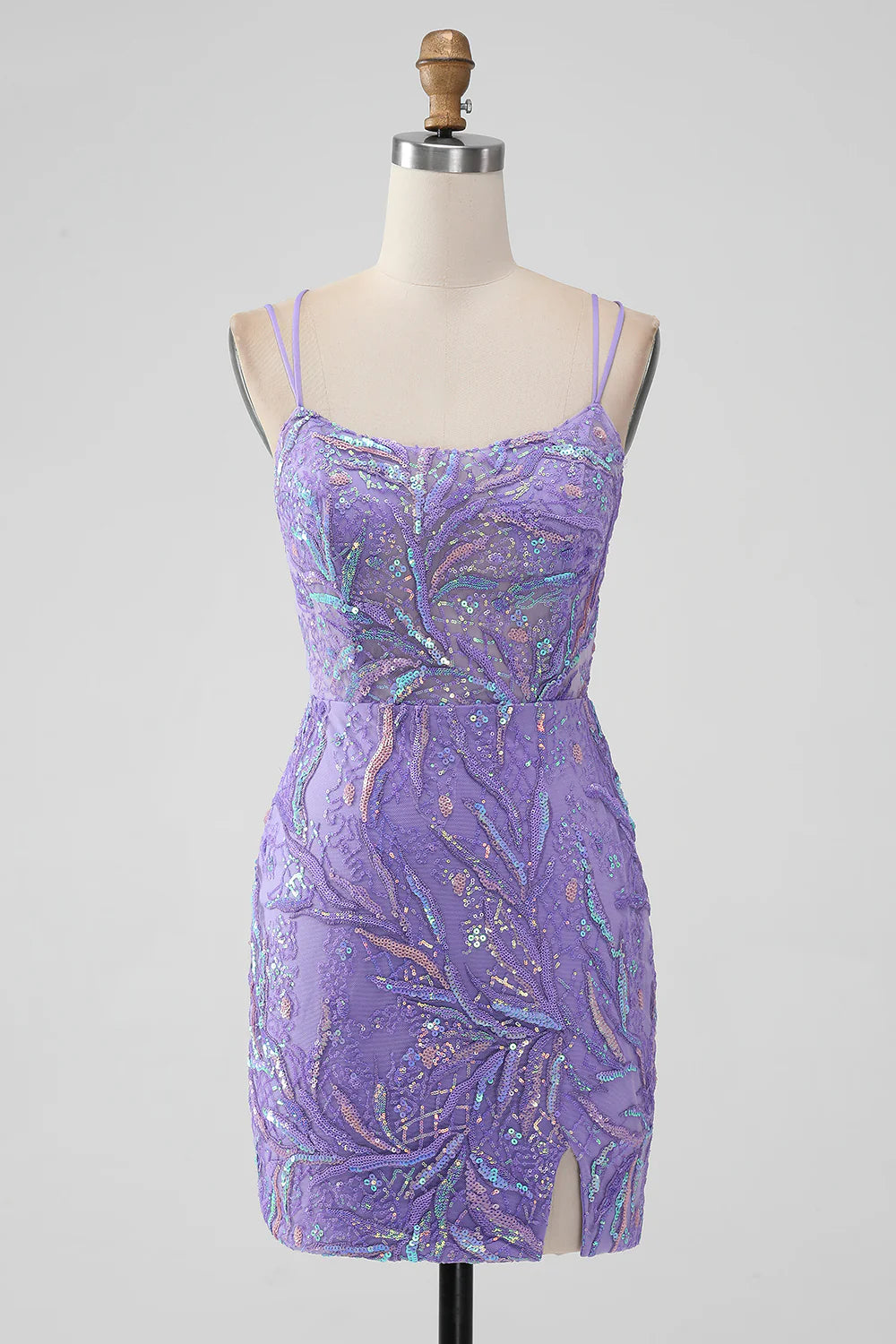 Sparkly lilac mermaid short homecoming dress with sequins.