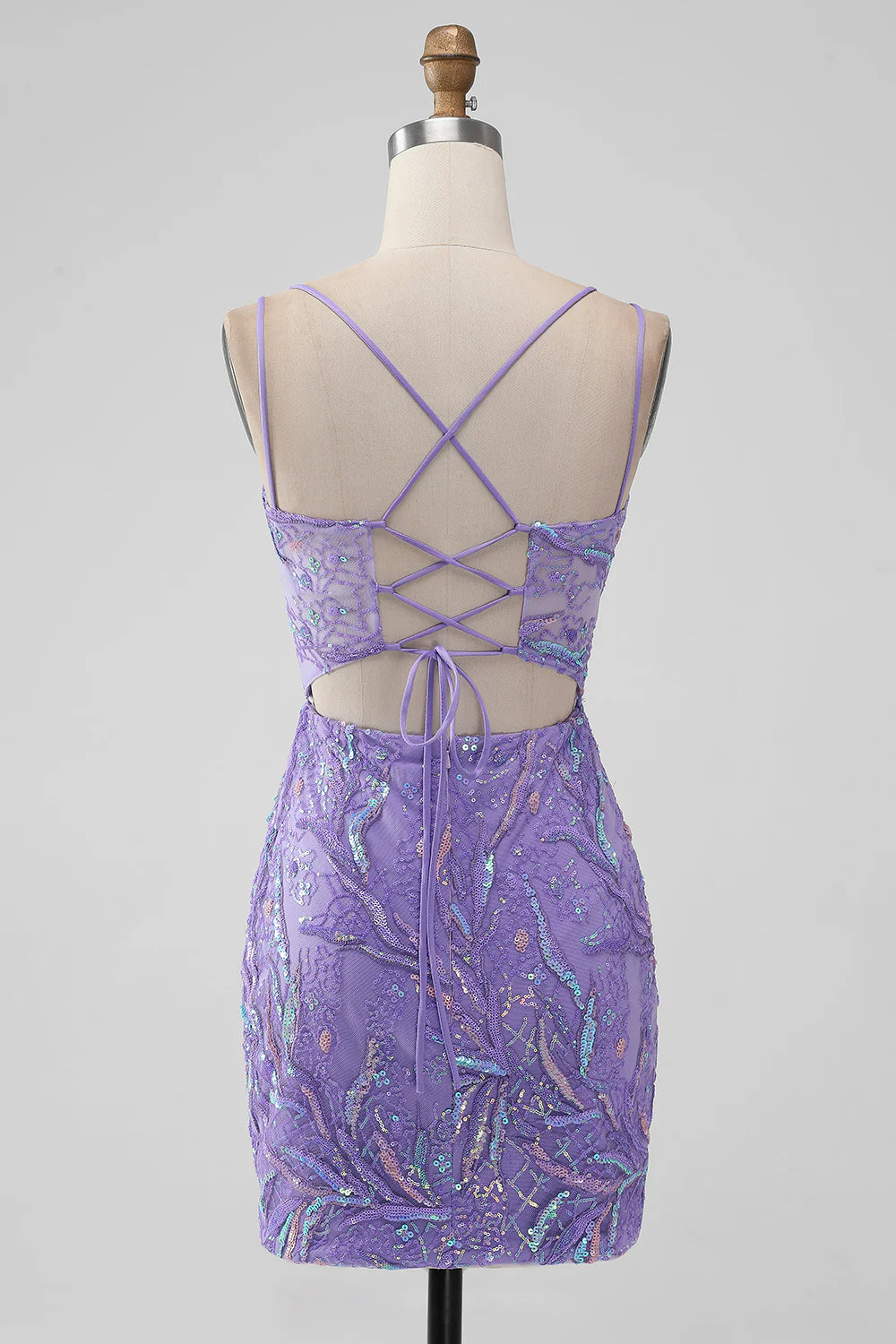 Back view of sparkly lilac mermaid dress showing lace-up detail.