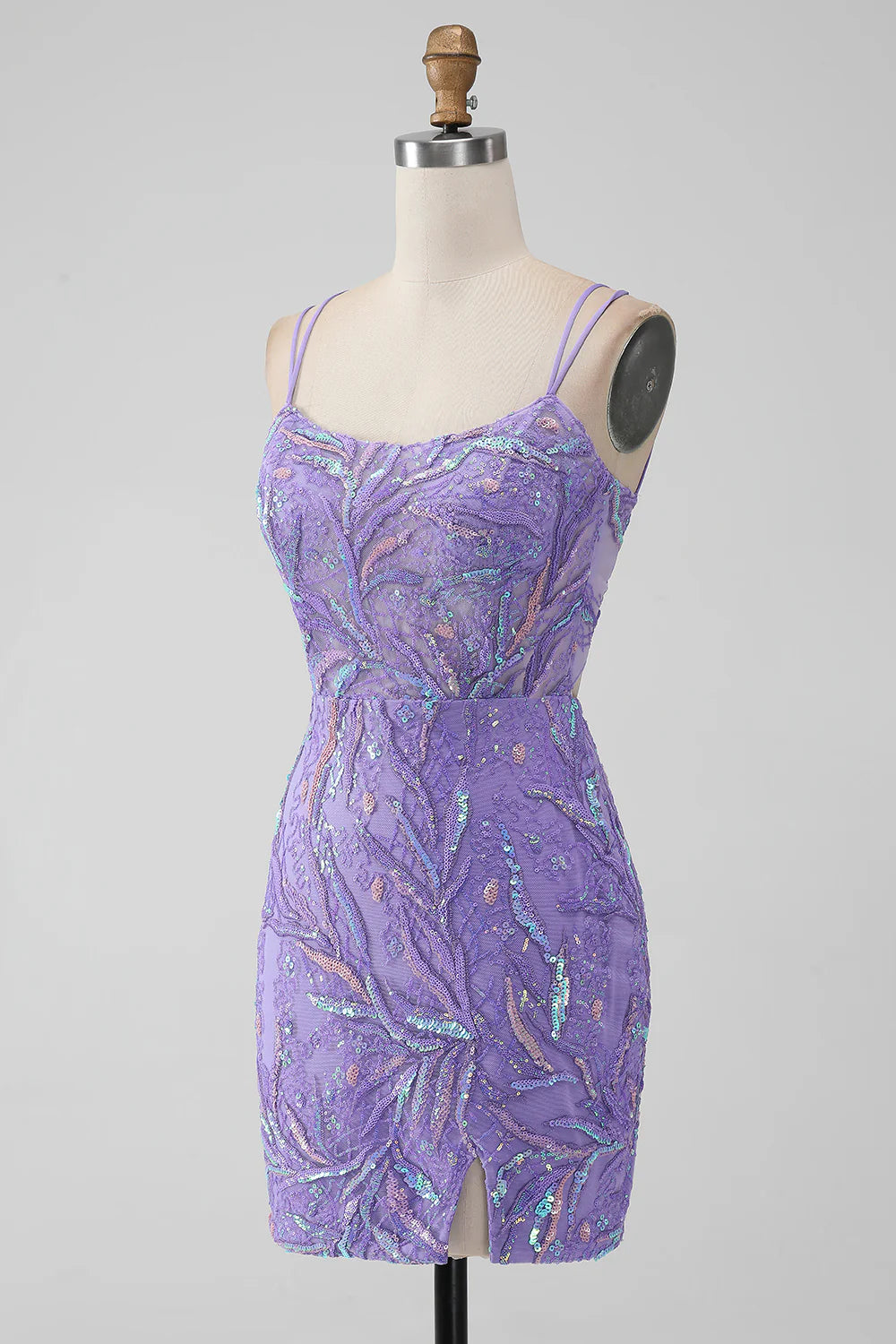 Side view of a sparkly lilac sequined short homecoming dress.
