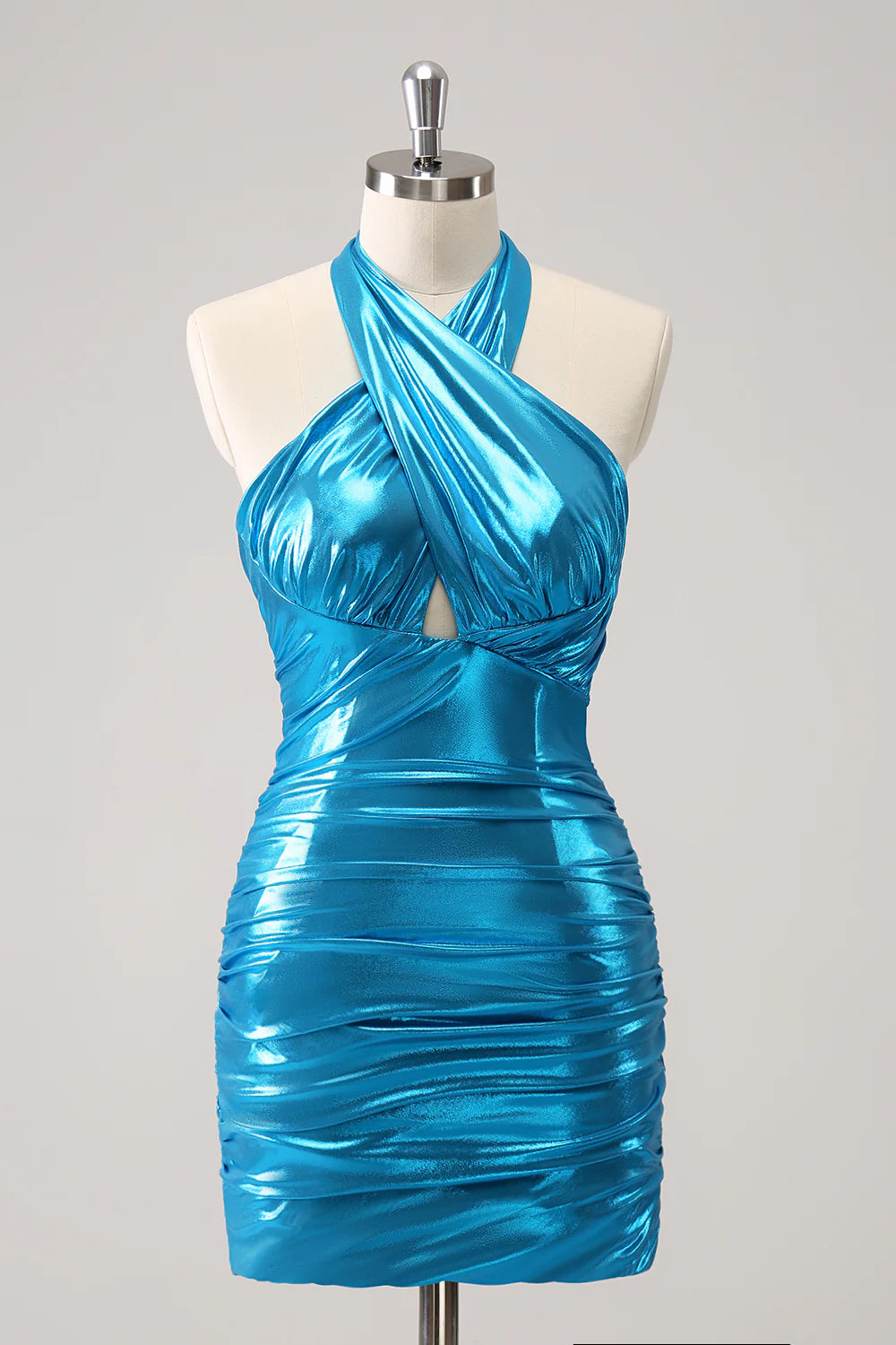 Sparkly blue bodycon halter homecoming dress with pleated corset detail.
