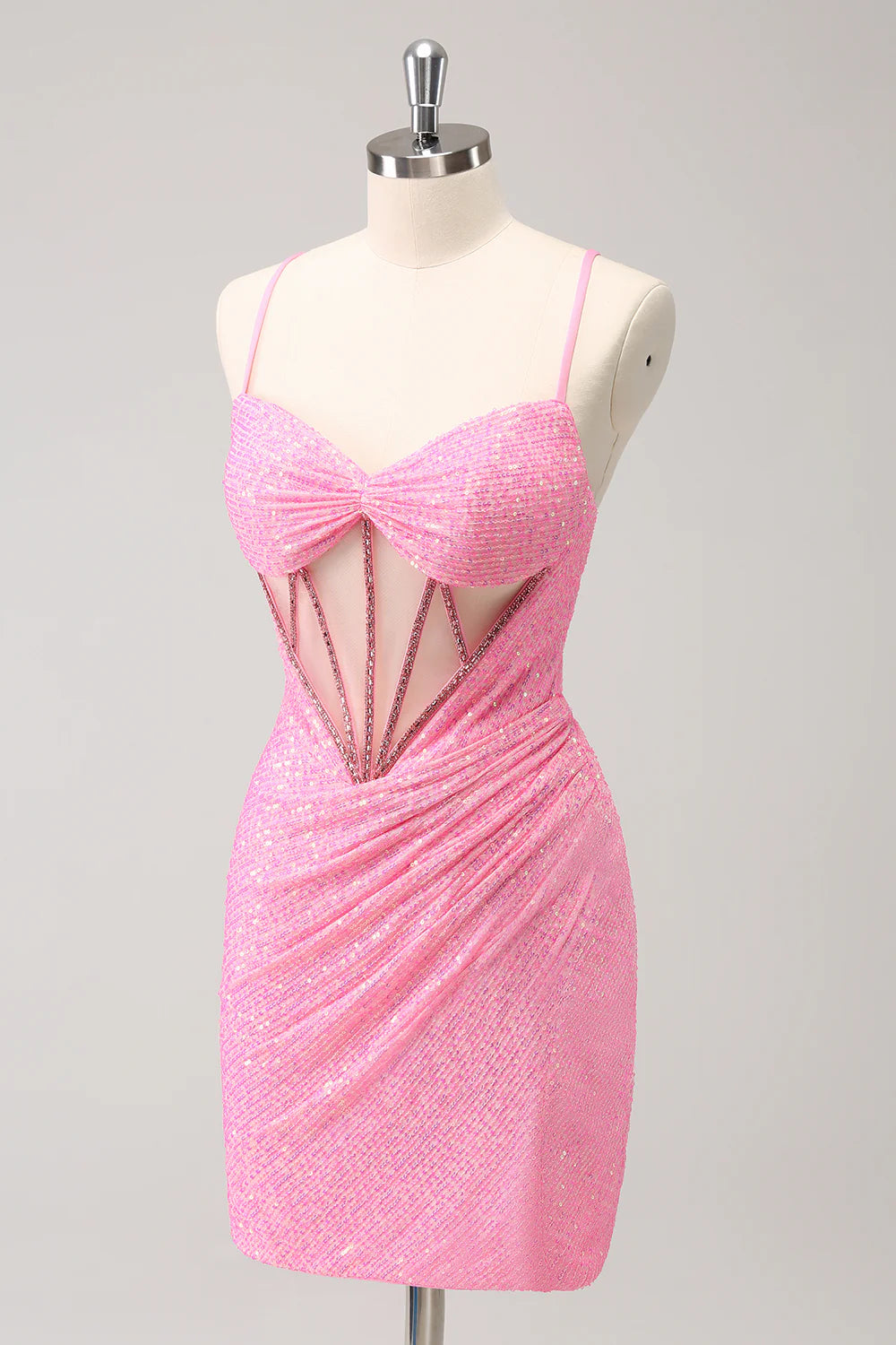 Front view of a strapless pink sequin A-line dress.