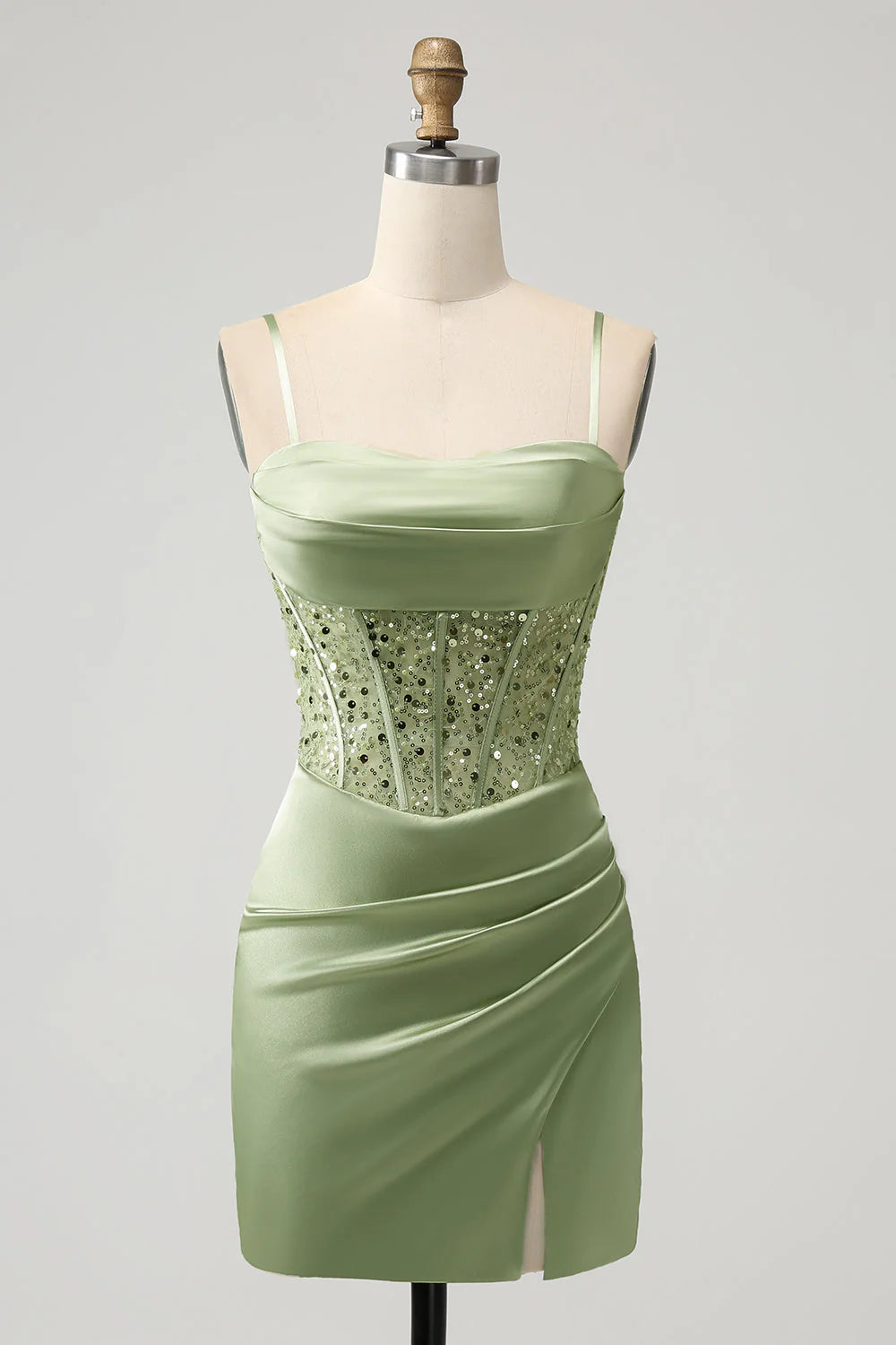 Sage green sparkly sequin bodycon short homecoming dress with slit.