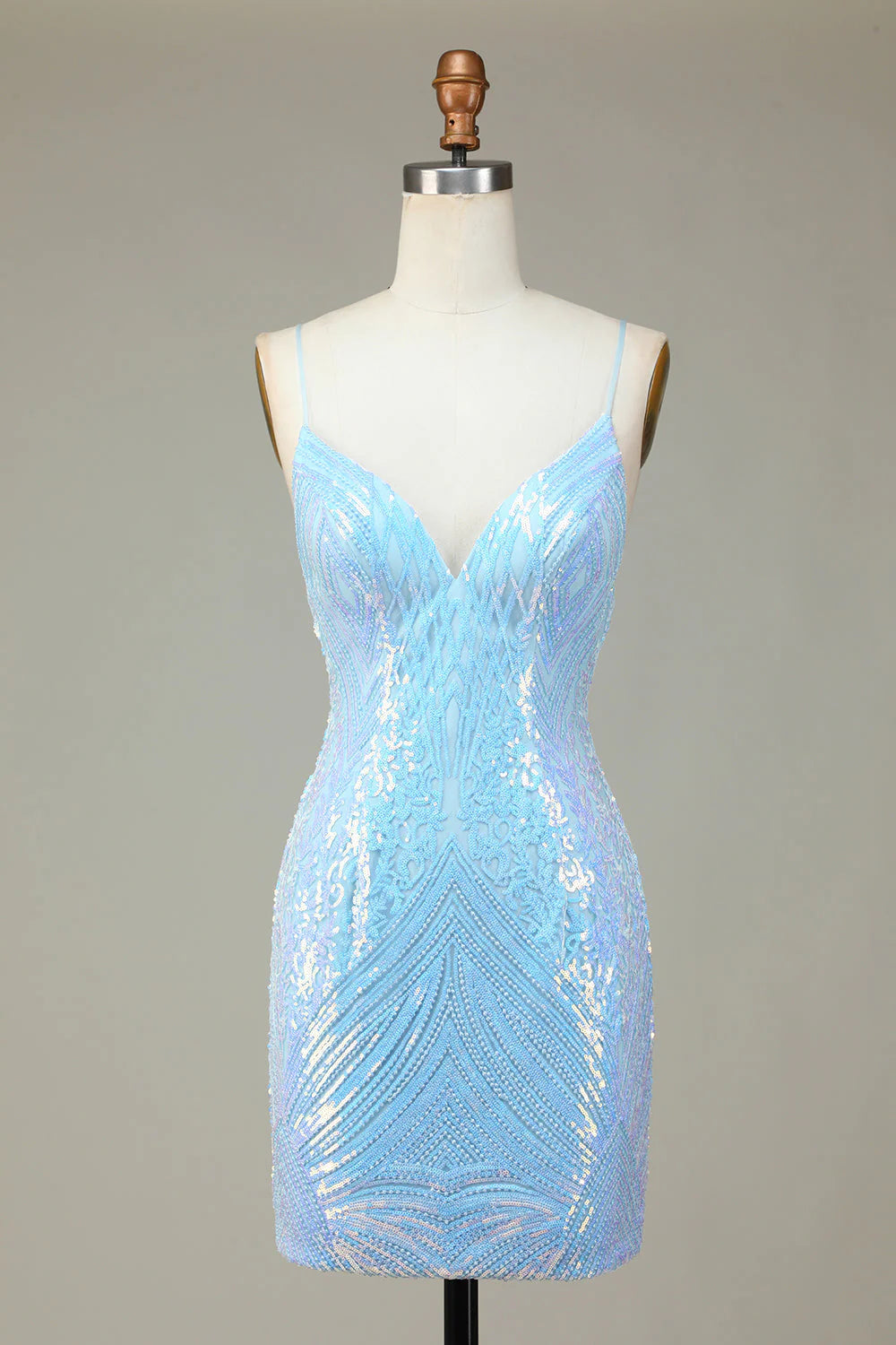 Front view of the sparkly blue sequin dress, showcasing the V-neckline and sequin detail.