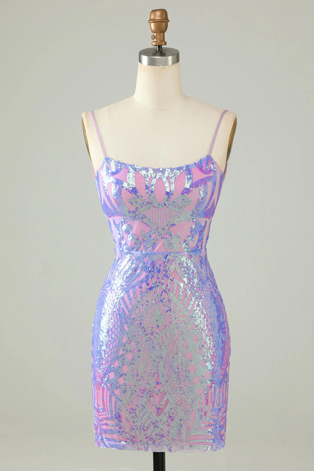 Sparkly purple sequin sheath homecoming dress with a tight short silhouette.