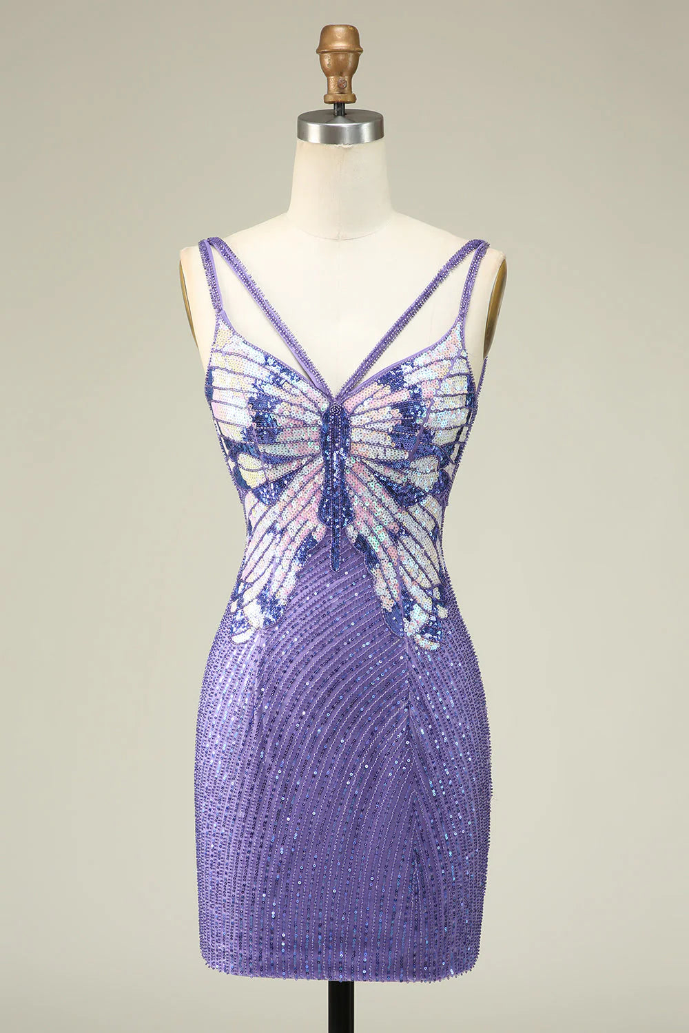 Sparkly purple sheath homecoming dress with sequins and lace-up back.