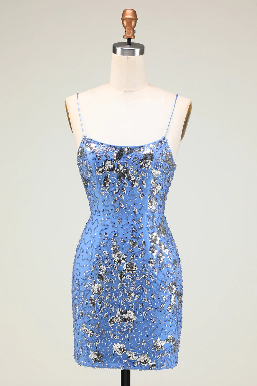 Sparkly grey blue sheath homecoming dress with sequins and criss-cross back.