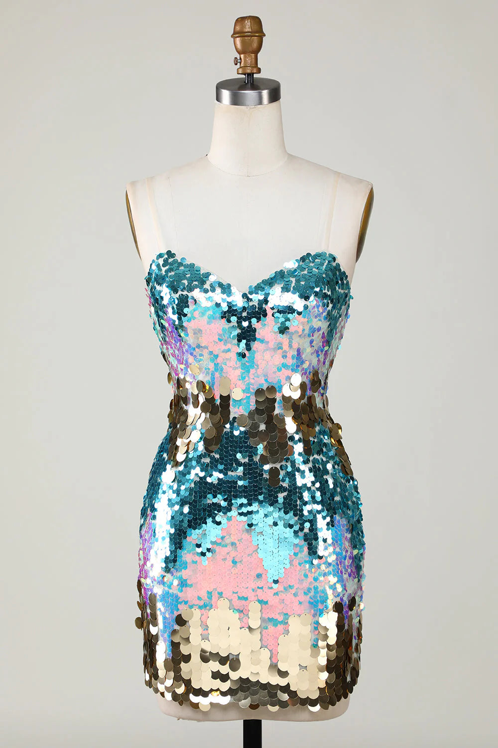 Sparkly blue sequin sheath dress with sweetheart neckline and strapless design.