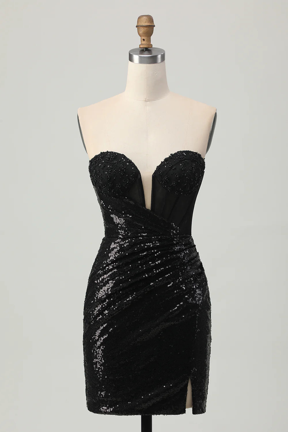 Sparkly strapless black sequin homecoming dress with a side slit.