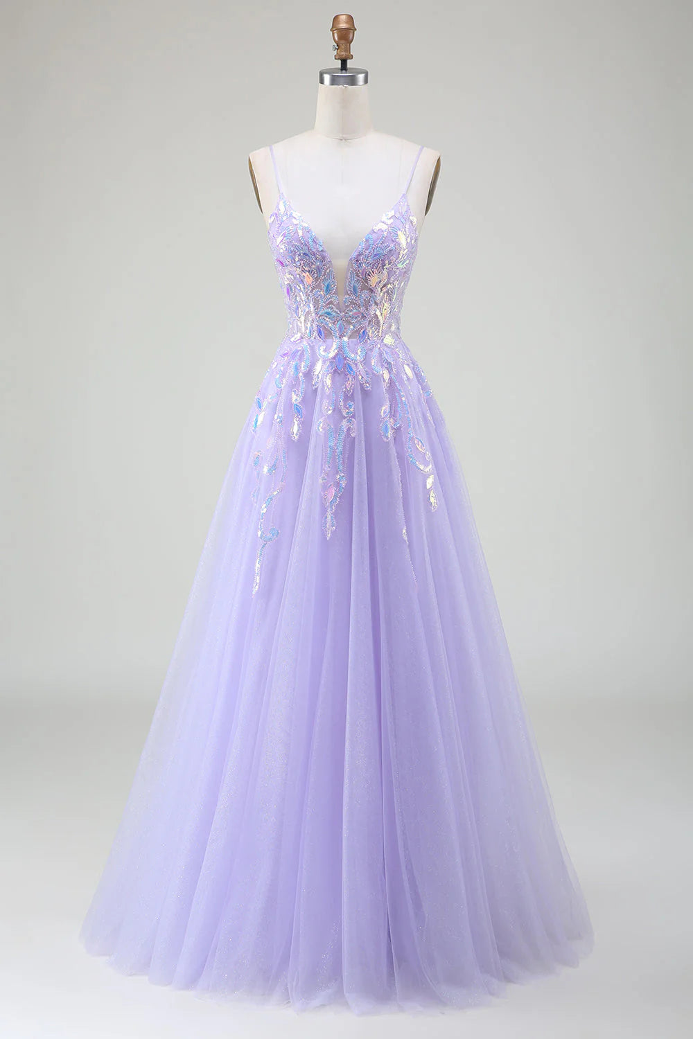 Sparkly A-Line Purple Spaghetti Straps Long Prom Dress with Sequins