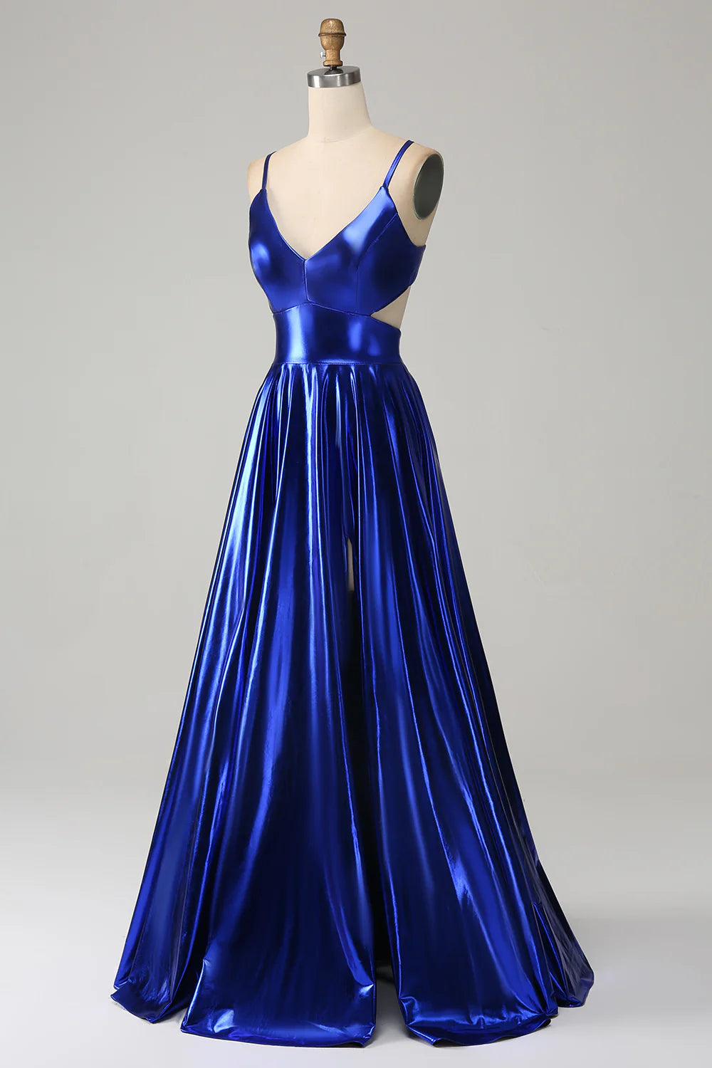 Sparkly A-Line Spaghetti Straps Backless Ruched Metallic Prom Dress With Slit