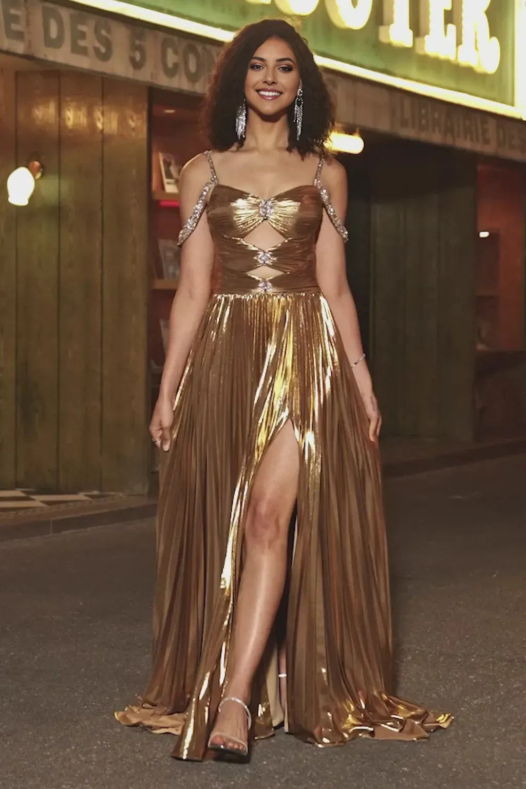 Sparkly A-Line Sweetheart Neck Ruched Crystal-Strap Beaded Metallic Floor-Length Prom Dress With Slit