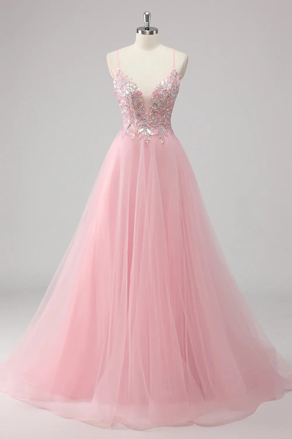 Lavender A-line thin shoulder strap sequined chiffon ball dress