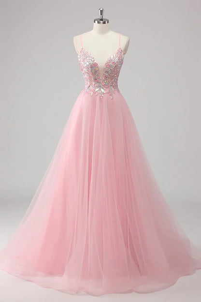 Lavender A-line thin shoulder strap sequined chiffon ball dress