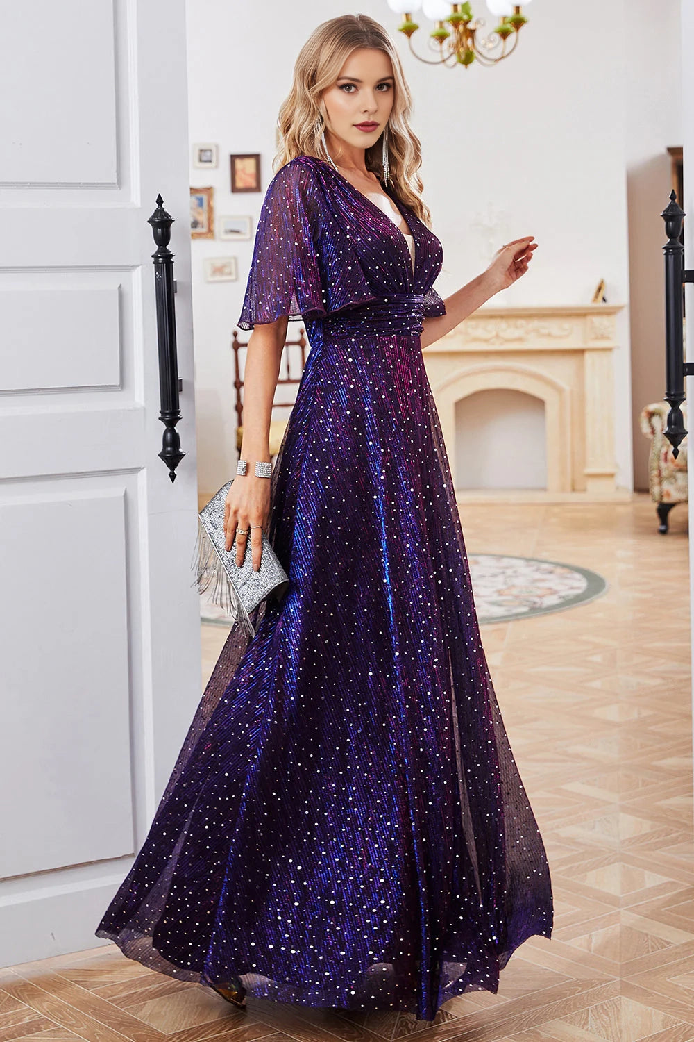 Sparkly A Line V-Neck Purple Party Dress with Short Sleeves
