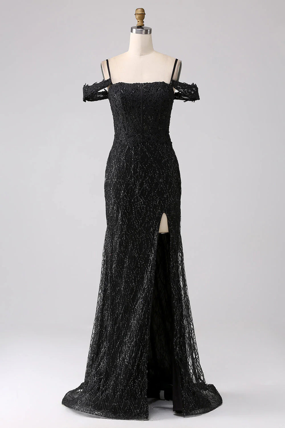 Sparkly Black Mermaid Cold Shoulder Long Prom Dress with Slit