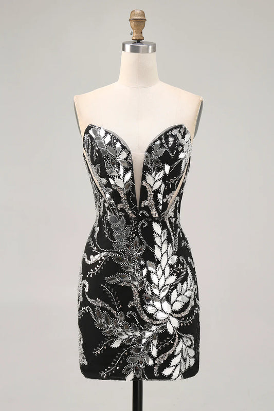 Sparkly Black Strapless Beaded Tight Short Homecoming Dress