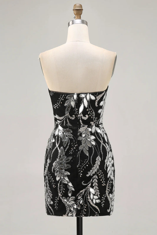 Sparkly Black Strapless Beaded Tight Short Homecoming Dress