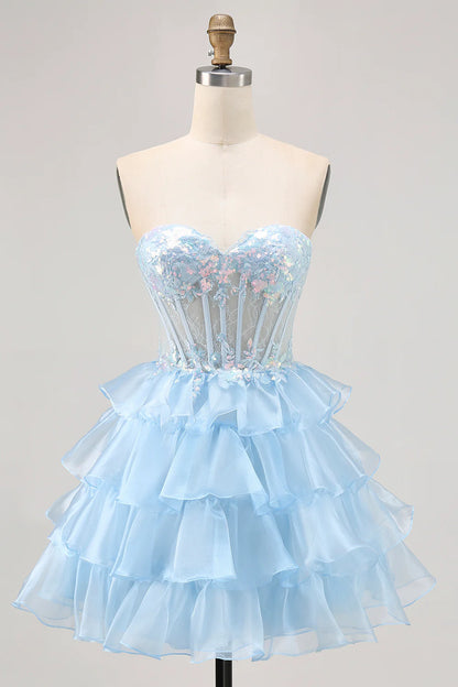Sparkly Blue A-line Sweetheart Corset Sequins Short Homecoming Dress