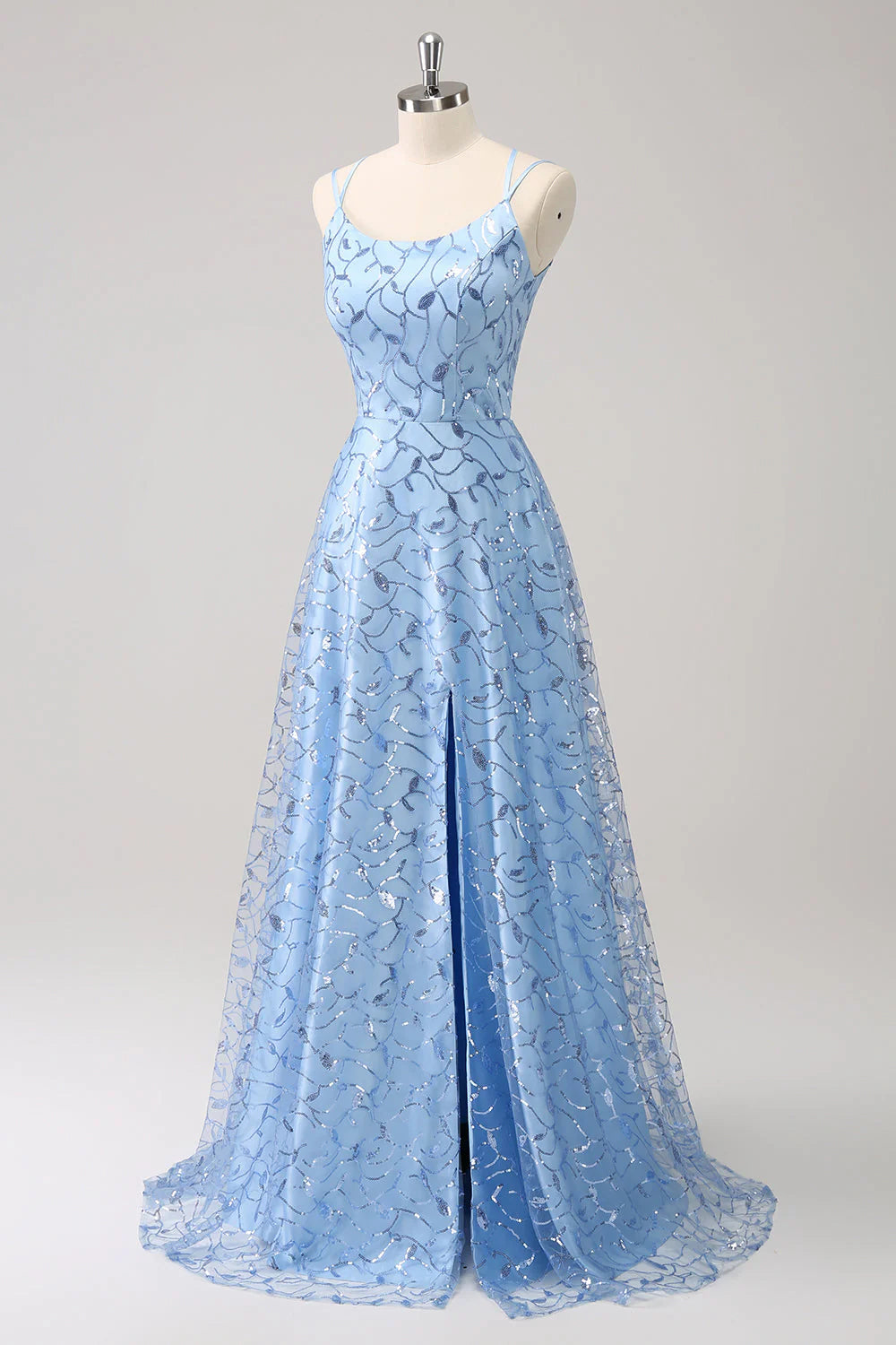 Sparkly Blue A Line Spaghetti Straps Sequins Long Prom Dress with Slit
