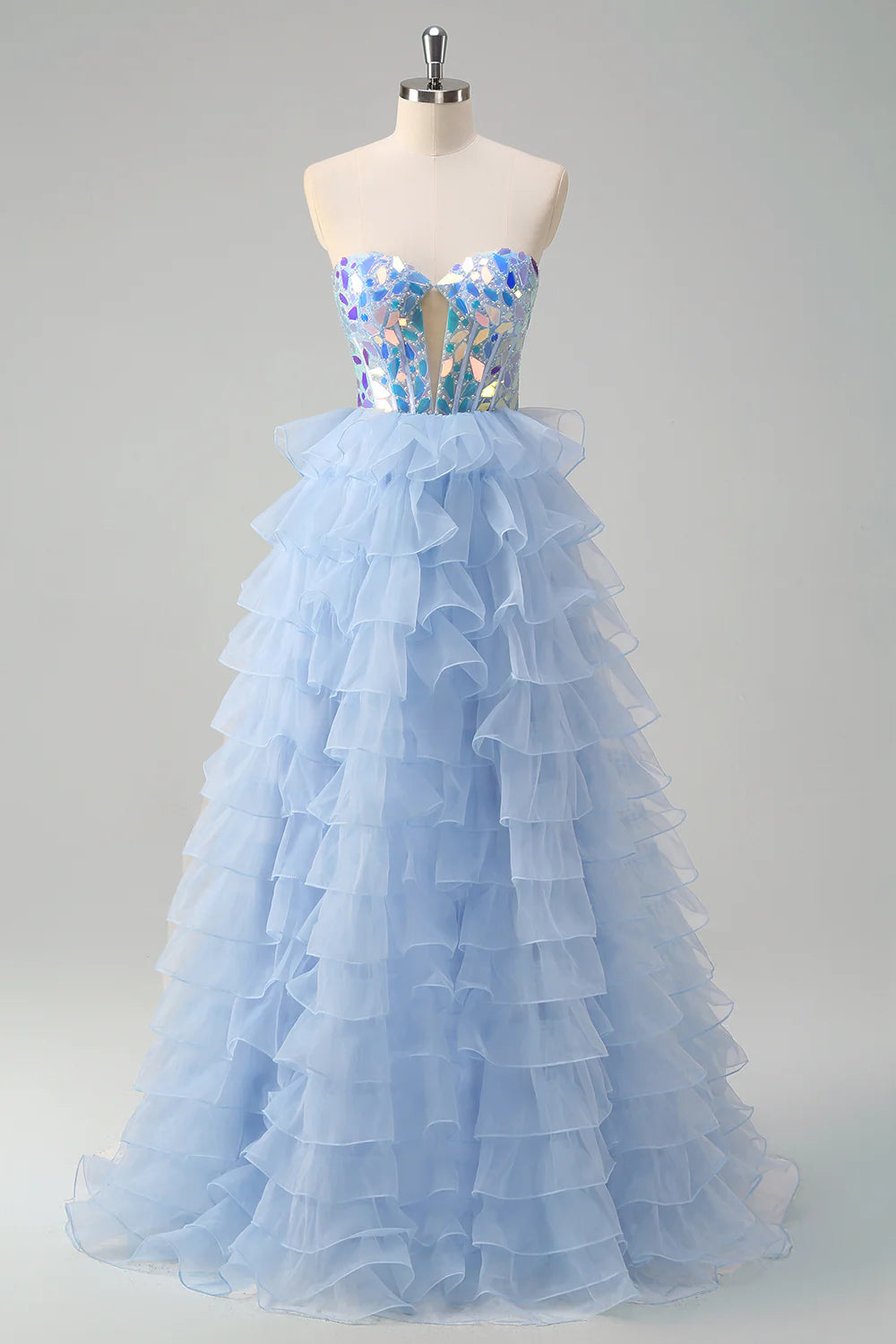 Sparkly Blue A Line Sweetheart Keyhole Tiered Corset Mirror  Dress With Sequins