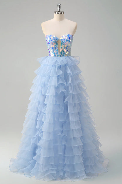 Sparkly Blue A Line Sweetheart Keyhole Tiered Corset Mirror  Dress With Sequins