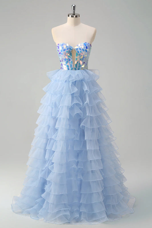 Sparkly Blue A Line Sweetheart Keyhole Tiered Corset Mirror  Dress With Sequins