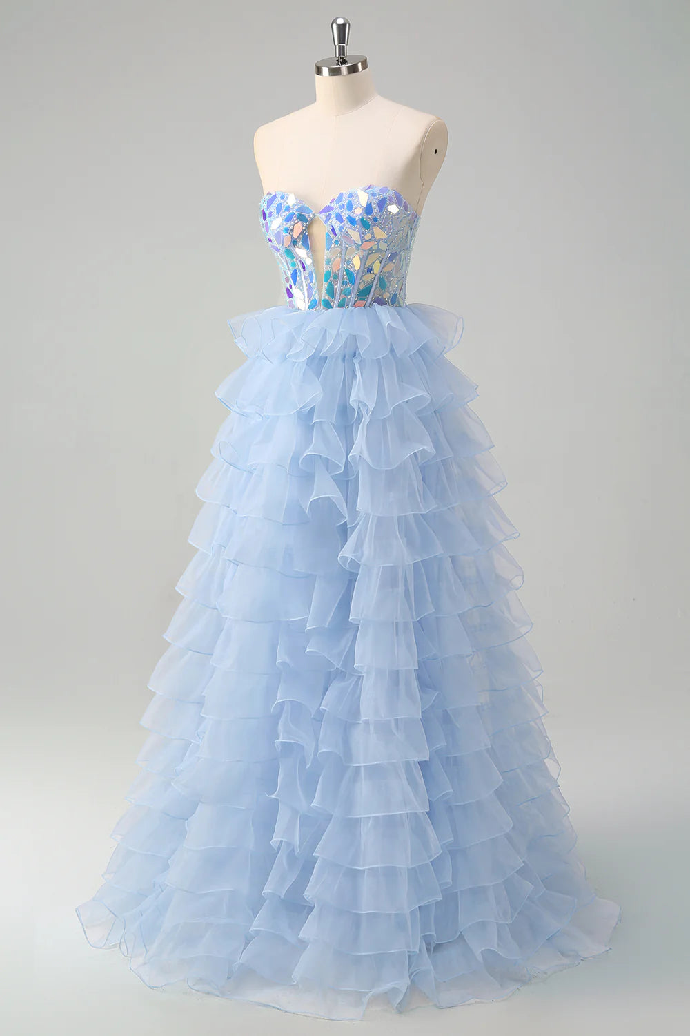Sparkly Blue A Line Sweetheart Keyhole Tiered Corset Mirror  Dress With Sequins