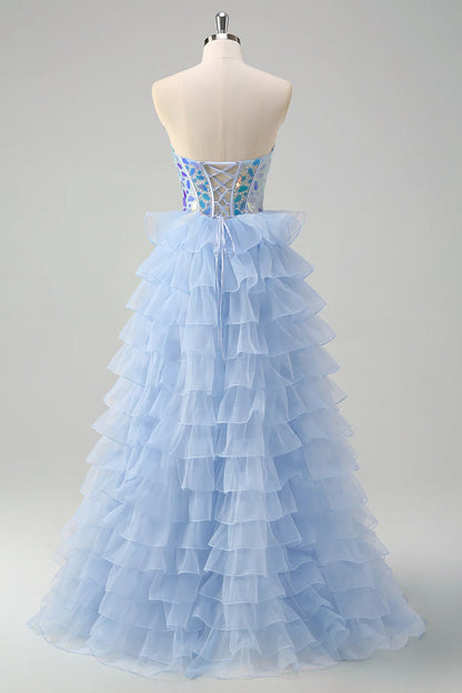 Sparkly Blue A Line Sweetheart Keyhole Tiered Corset Mirror  Dress With Sequins