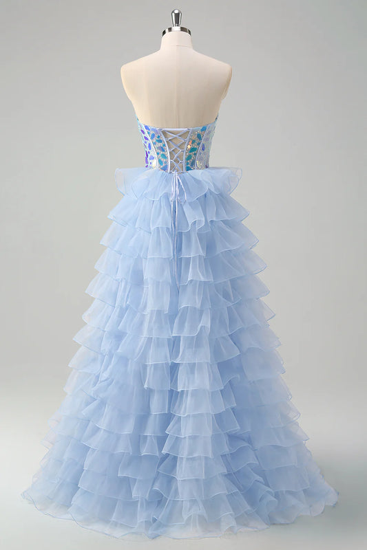 Sparkly Blue A Line Sweetheart Keyhole Tiered Corset Mirror  Dress With Sequins