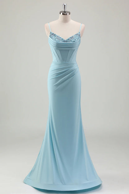 Sparkly Blue Mermaid Spaghetti Straps Corset Prom Dress With Beading