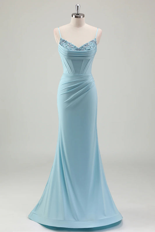 Sparkly Blue Mermaid Spaghetti Straps Corset Prom Dress With Beading
