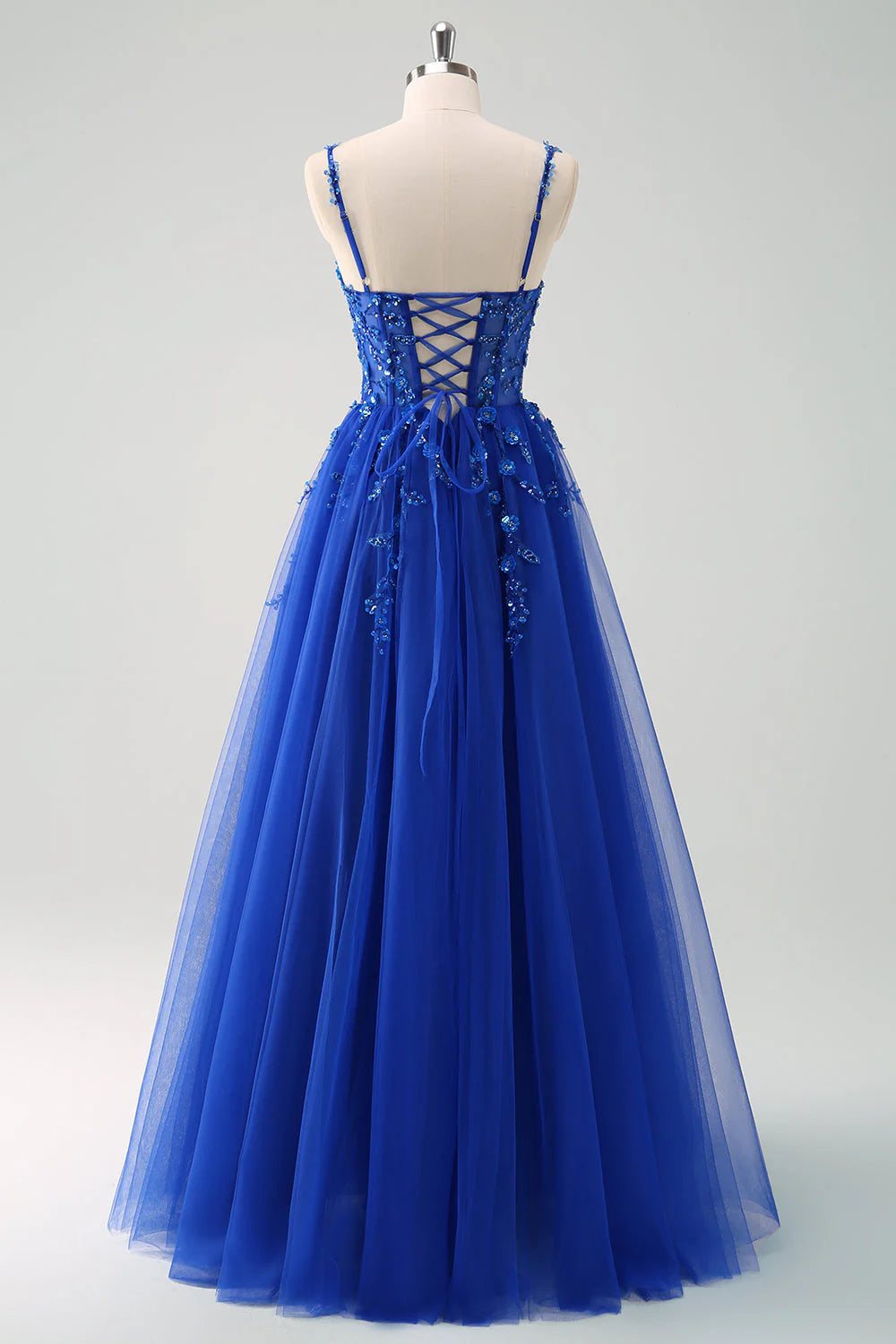 Sparkly Blush A Line Spaghetti Straps Tulle Corset Long Prom Dress with Appliques