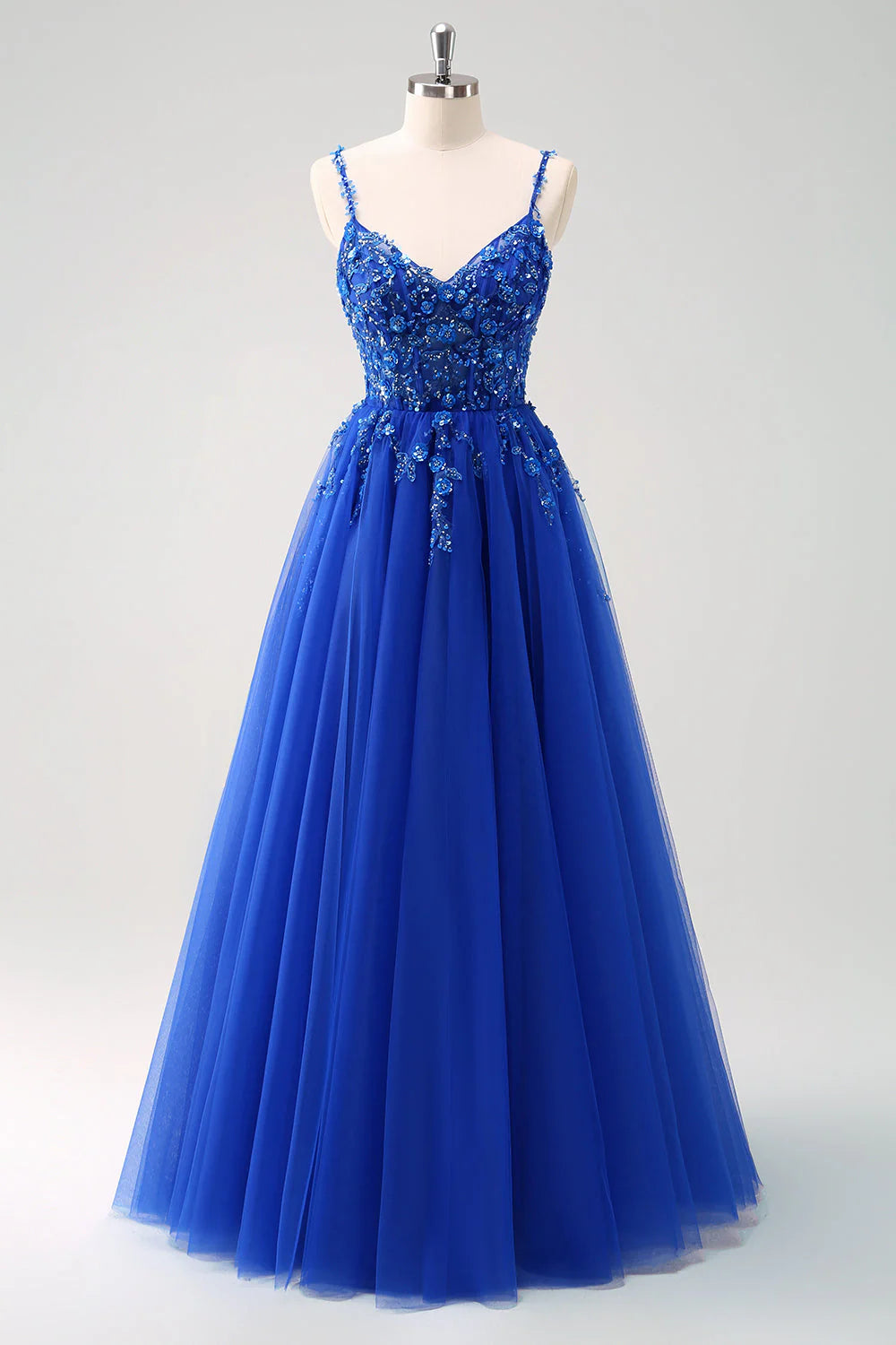 Sparkly Blush A Line Spaghetti Straps Tulle Corset Long Prom Dress with Appliques