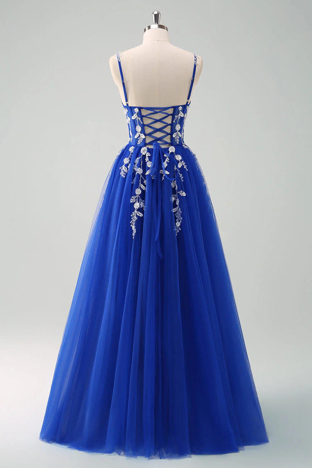 Sparkly Blush A Line Spaghetti Straps Tulle Corset Long Prom Dress with Appliques