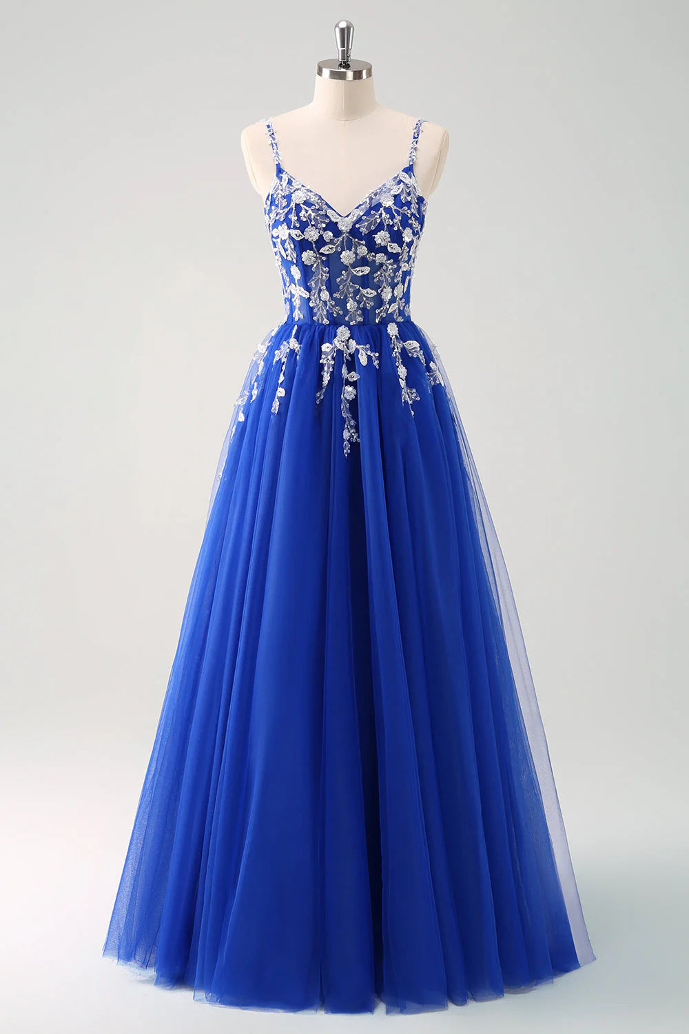 Sparkly Blush A Line Spaghetti Straps Tulle Corset Long Prom Dress with Appliques
