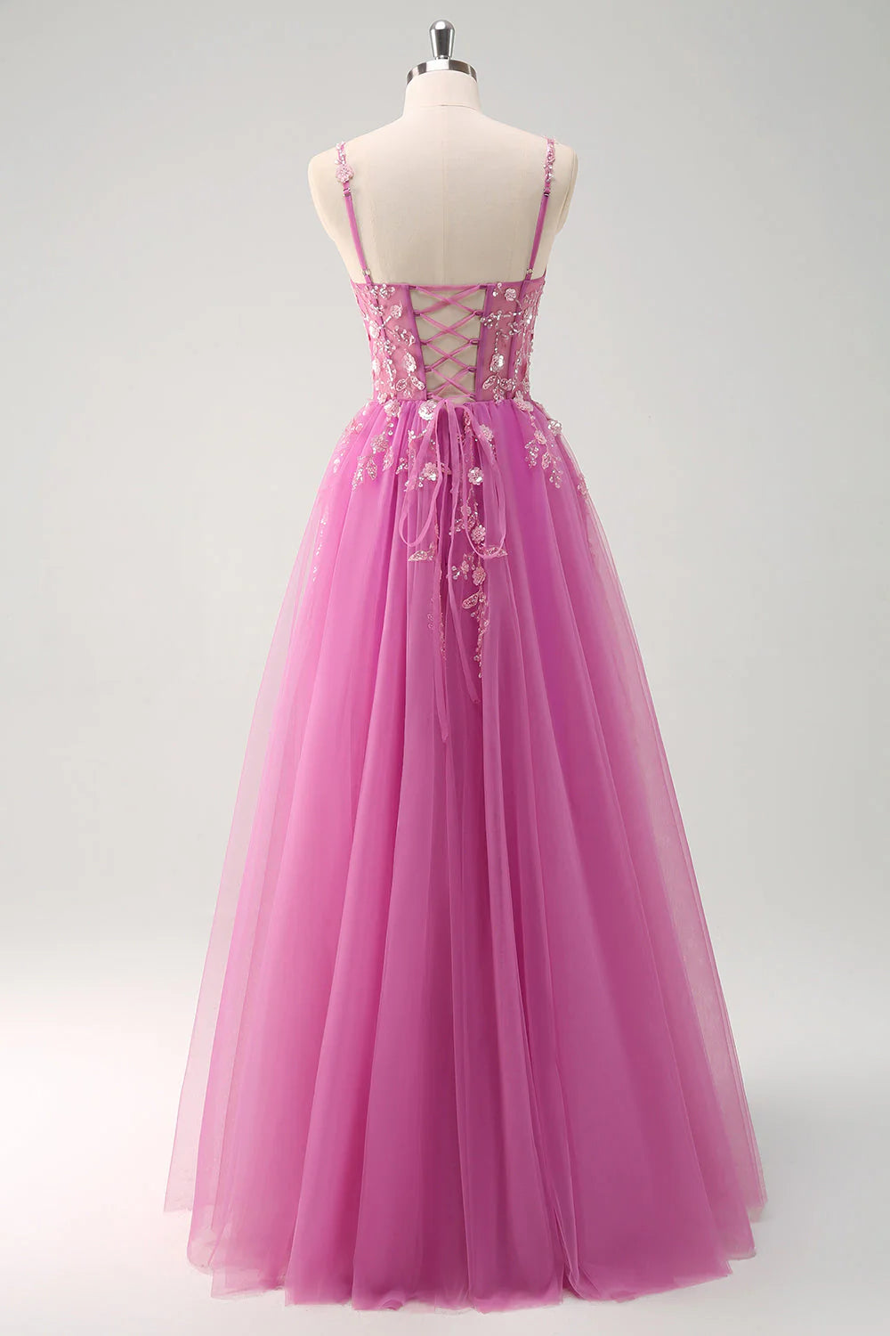 Sparkly Blush A Line Spaghetti Straps Tulle Corset Long Prom Dress with Appliques