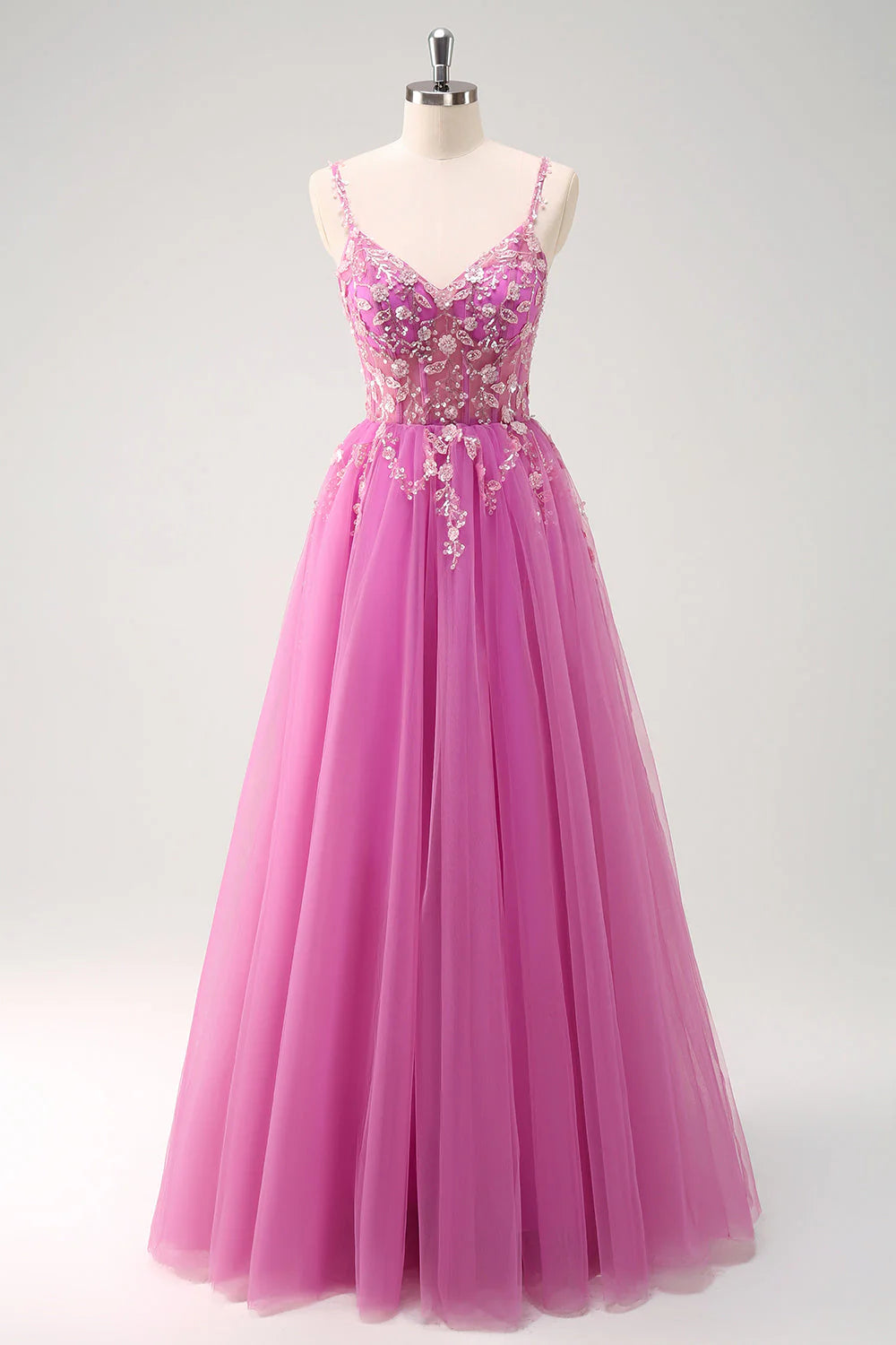 Sparkly Blush A Line Spaghetti Straps Tulle Corset Long Prom Dress with Appliques