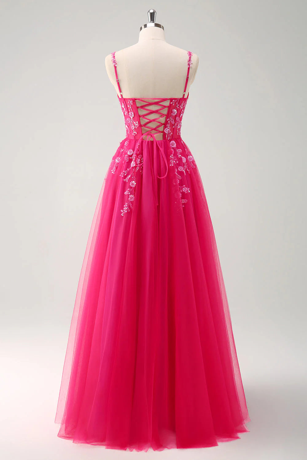 Sparkly Blush A Line Spaghetti Straps Tulle Corset Long Prom Dress with Appliques