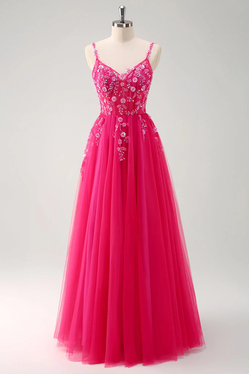 Sparkly Blush A Line Spaghetti Straps Tulle Corset Long Prom Dress with Appliques