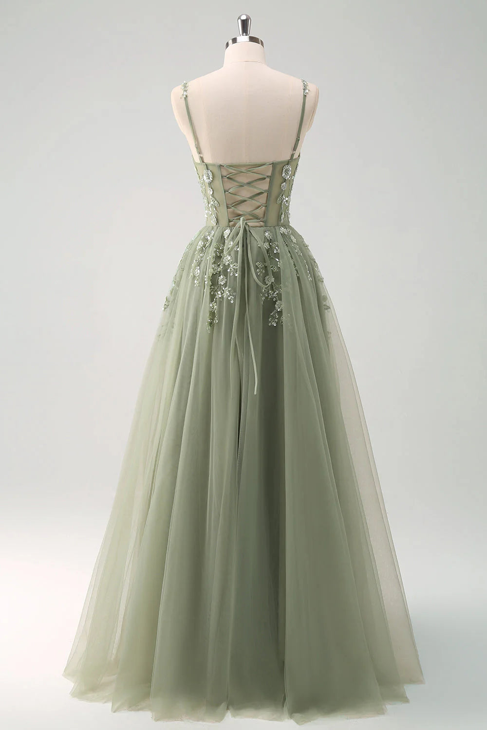 Sparkly Blush A Line Spaghetti Straps Tulle Corset Long Prom Dress with Appliques