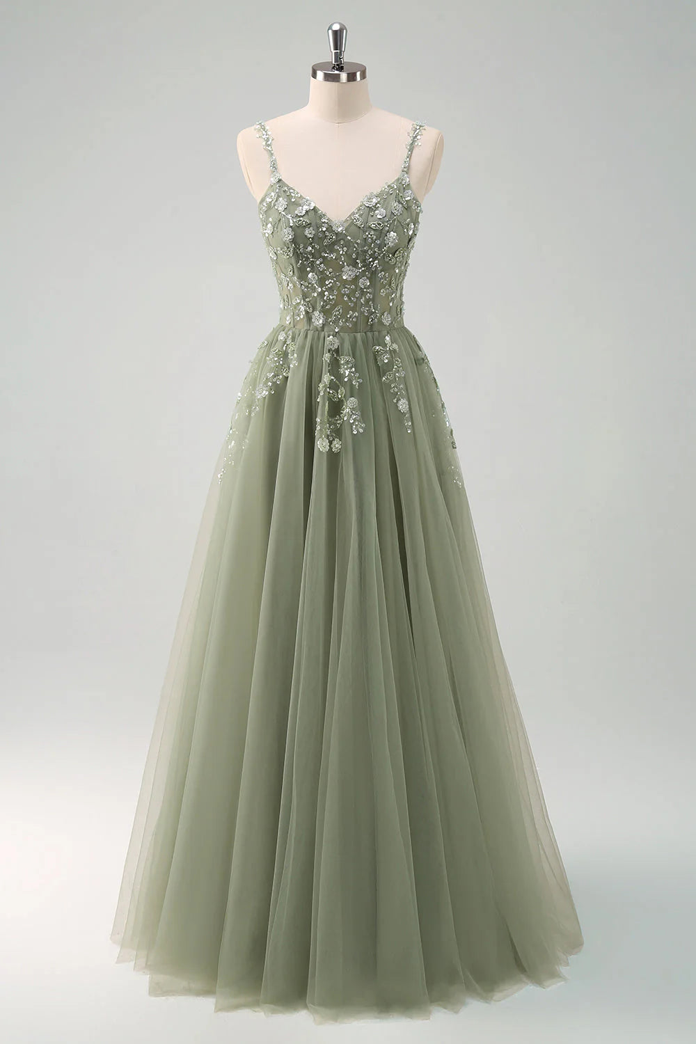 Sparkly Blush A Line Spaghetti Straps Tulle Corset Long Prom Dress with Appliques