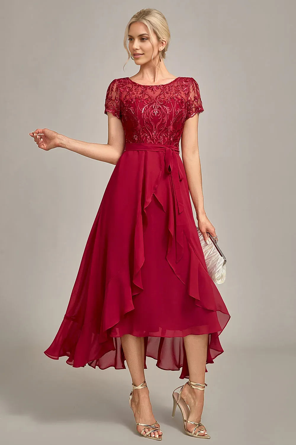 Sparkly Burgundy  A-Line Boat Neck Asymmetrical Lace Sequin Short Sleeve High-Low Mother of Bride Dress with Appliques