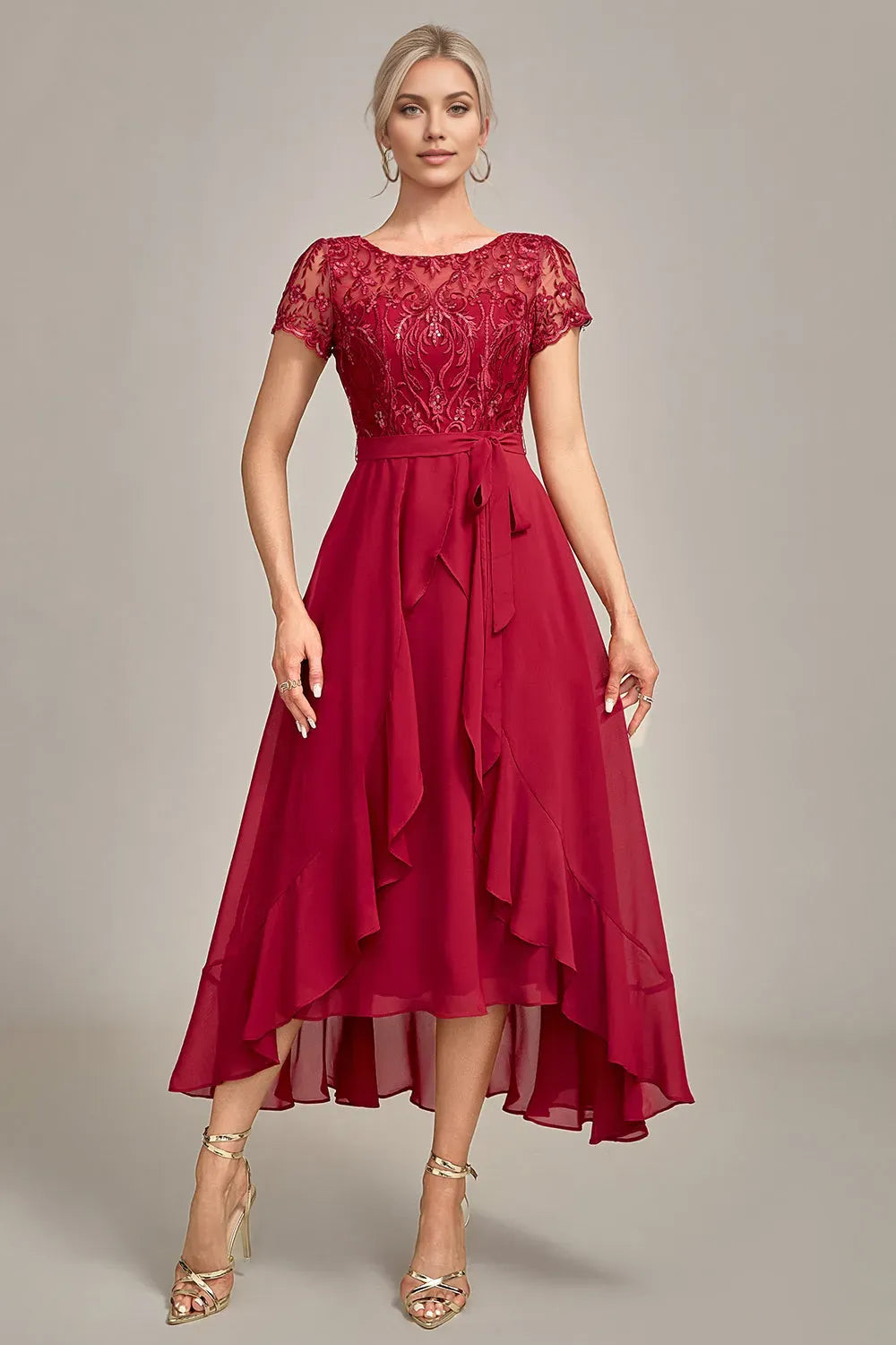 Sparkly Burgundy  A-Line Boat Neck Asymmetrical Lace Sequin Short Sleeve High-Low Mother of Bride Dress with Appliques