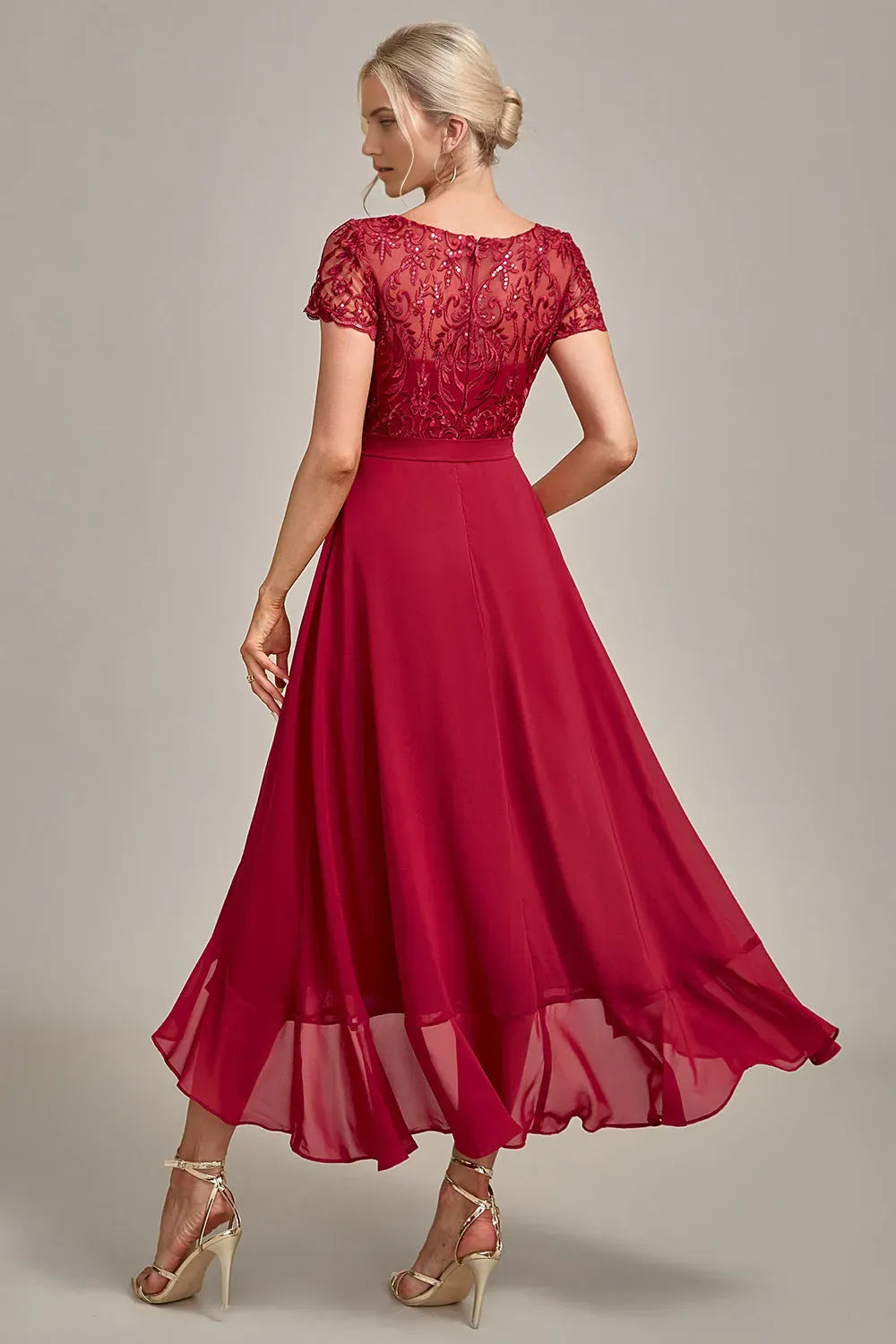 Sparkly Burgundy  A-Line Boat Neck Asymmetrical Lace Sequin Short Sleeve High-Low Mother of Bride Dress with Appliques