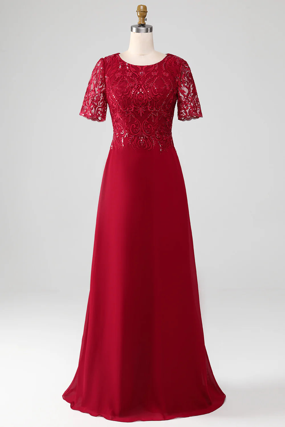 Sparkly Burgundy A Line Round Neck Sequin Mother of Bride Dress with Appliques