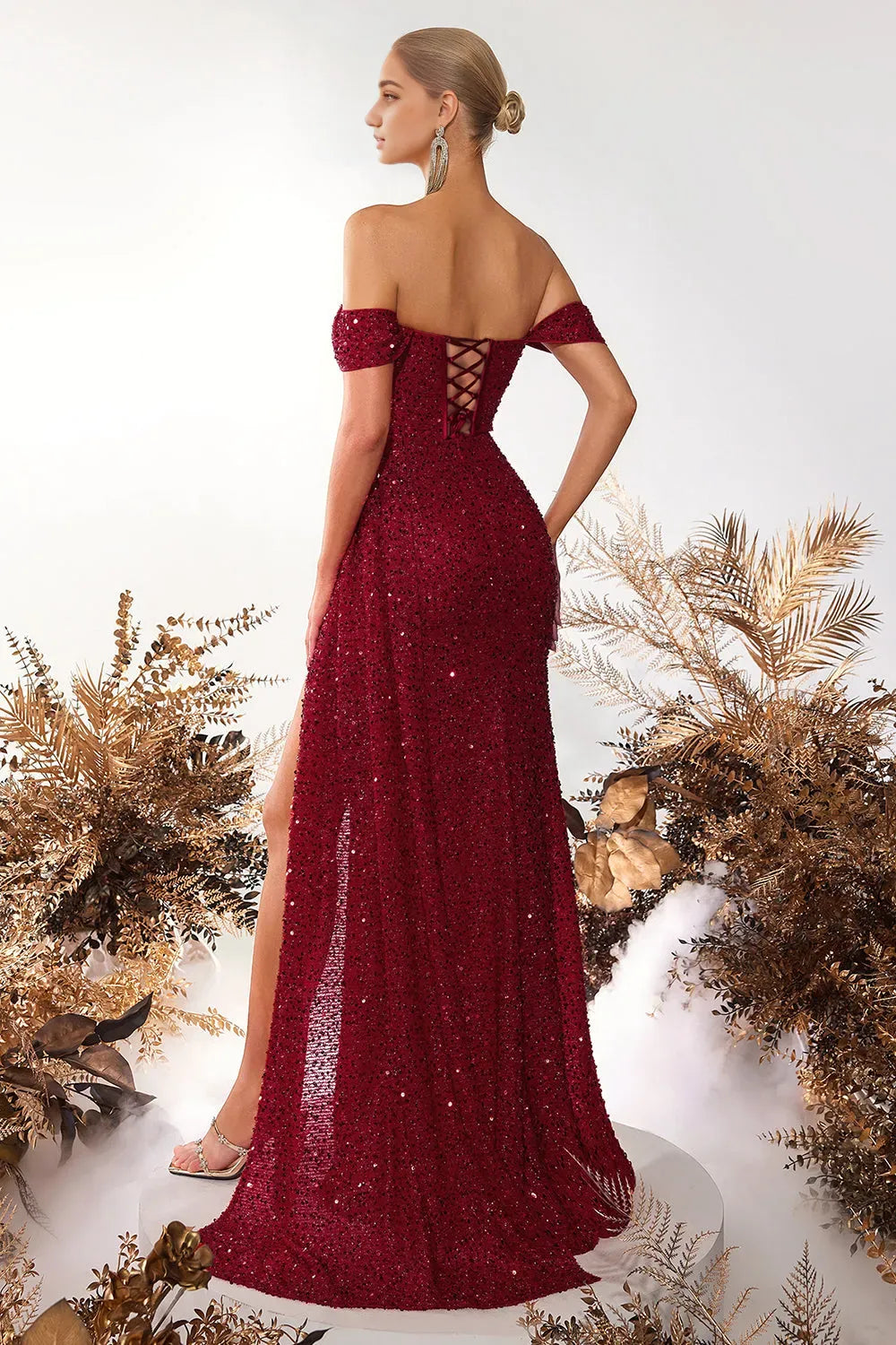 Sparkly Burgundy Mermaid Off the Shoulder Sleeveless Sequin Lace-Up Floor-Length Prom Dress with Slit