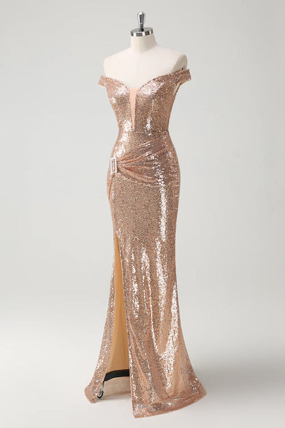 Sparkly Champagne Mermaid Off The Shoulder Sequins Party Dress with Slit